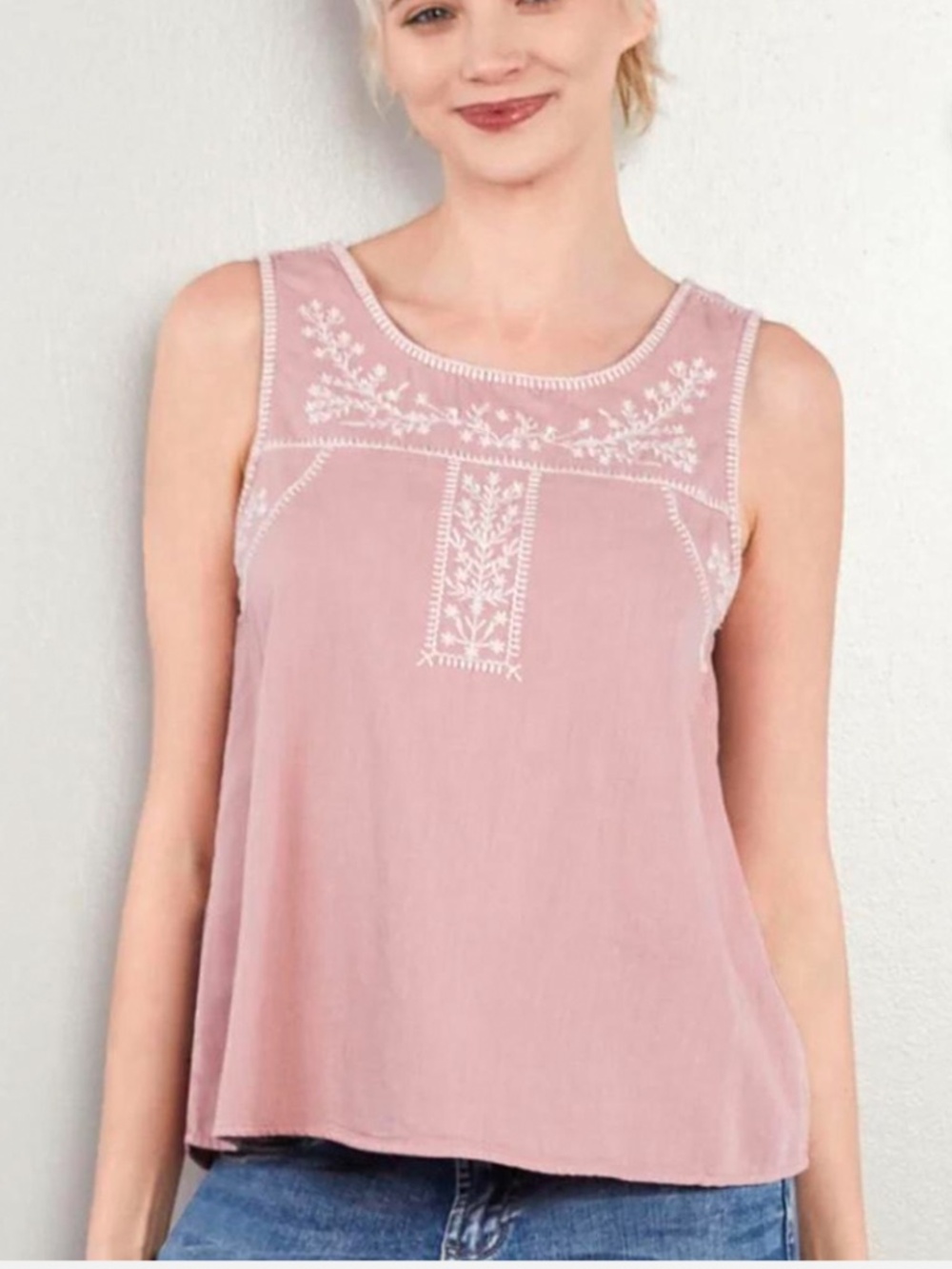 Billy T Boho Embroidered Sleeveless Tank Top Blush Pink Cotton Blend Size LP
